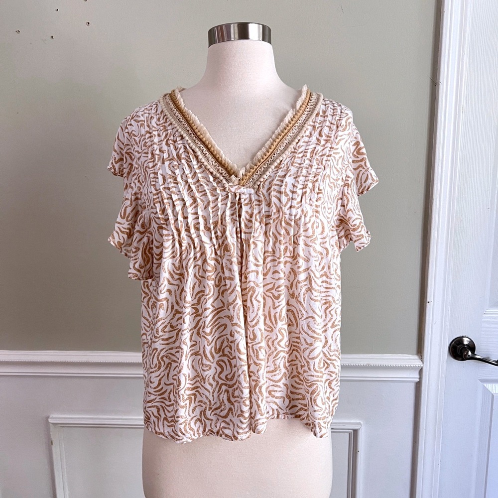 Japna Lounge Blouse Womens Medium Pintuck Fringe Flutter Sleeve White Tan Boho